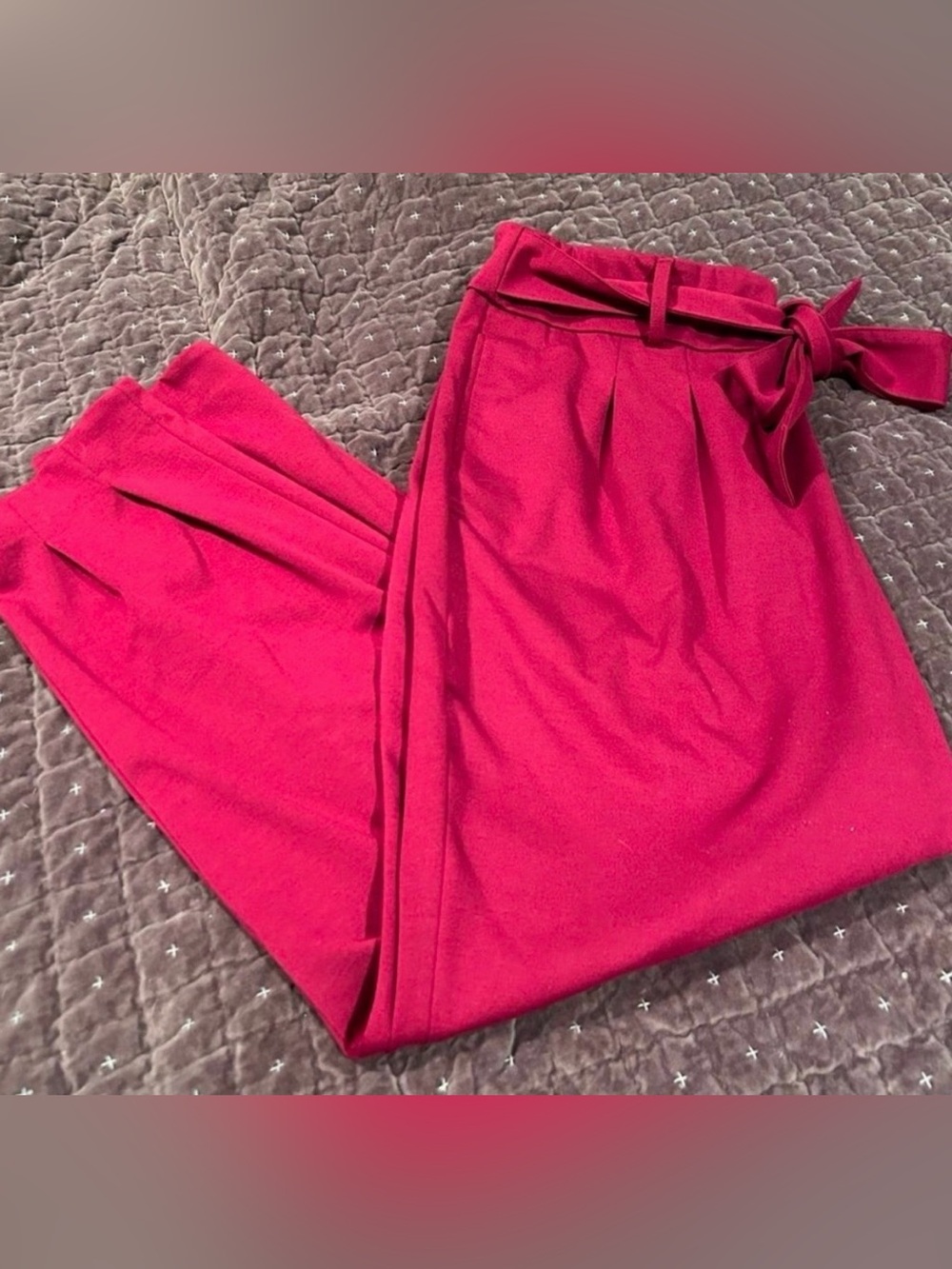 High-Waist Paperbag Tie-Waist Pants - Magenta - Picture 4 of 5